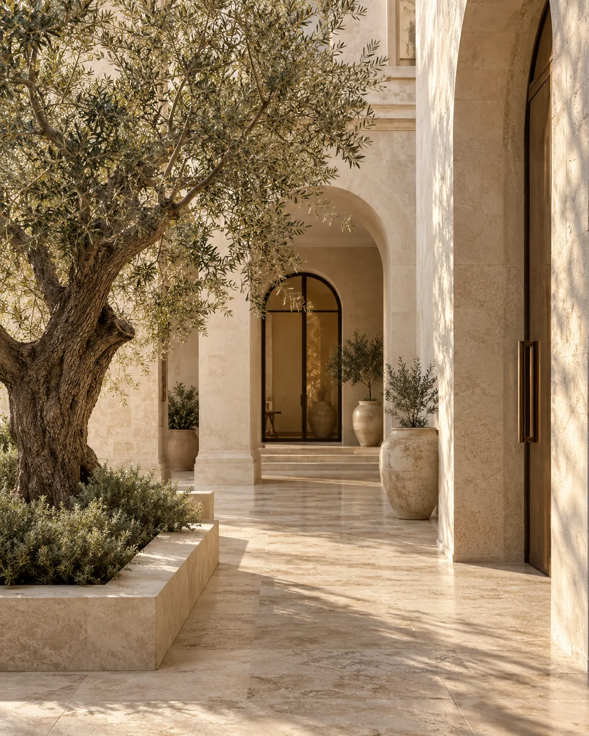 Warm stone architecture and olive trees in a quiet courtyard.